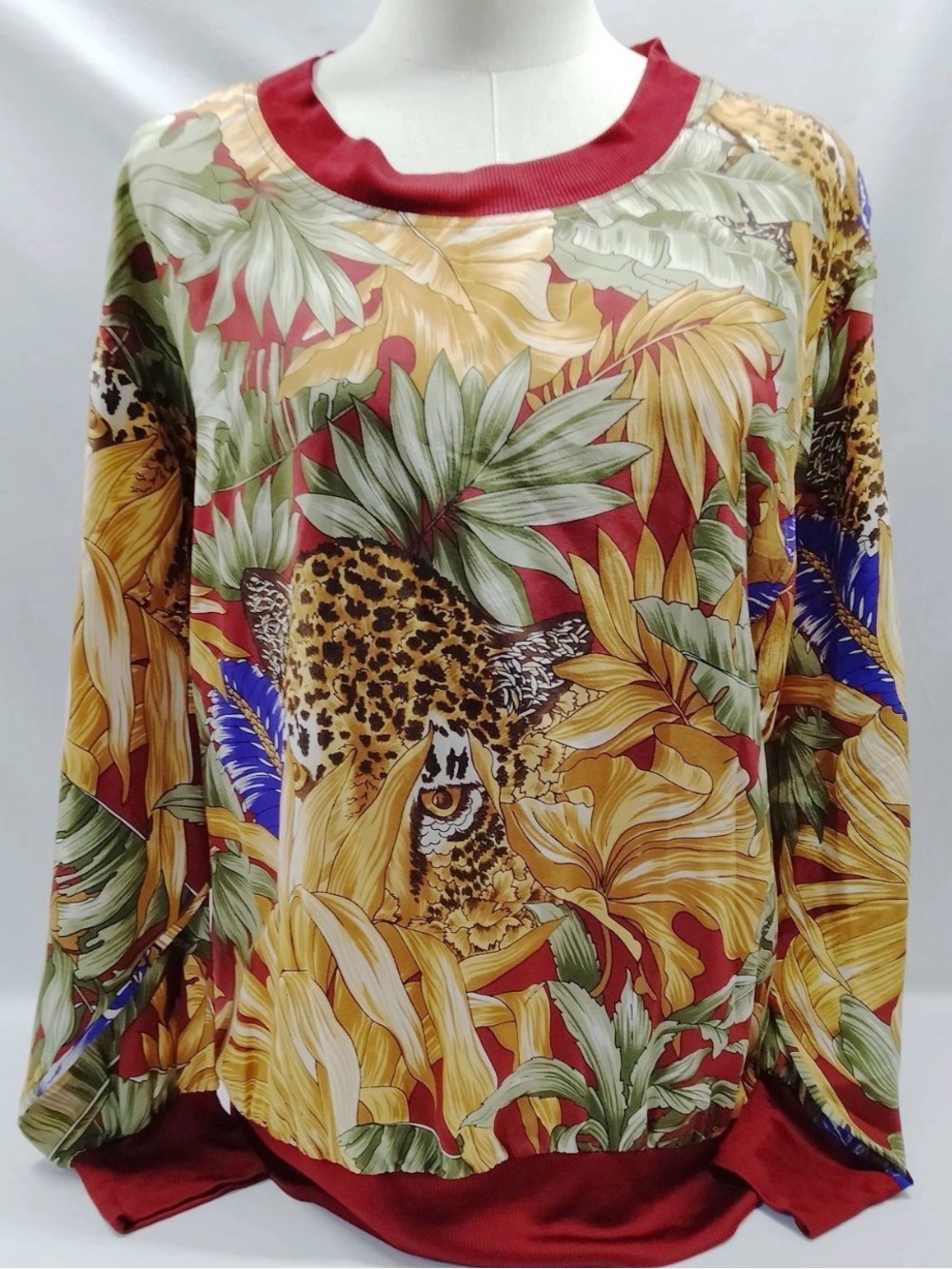 Salvatore Ferragamo Silk Red Leopard Print Long-Sleeve Shirt